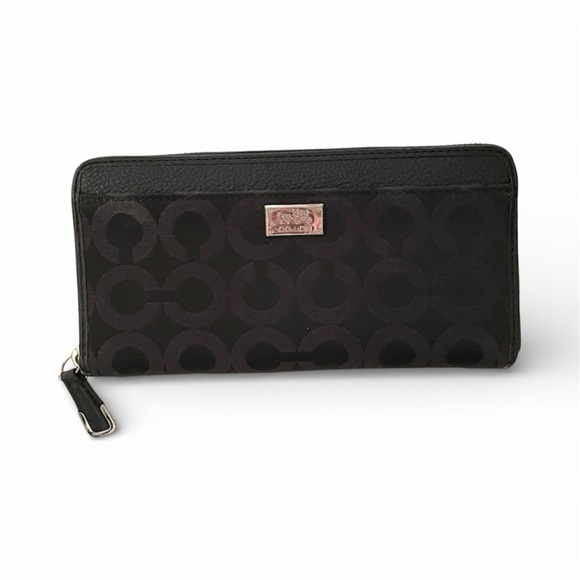 Coach Handbags - Coach signature zip around long wallet black with silver hardware EUC